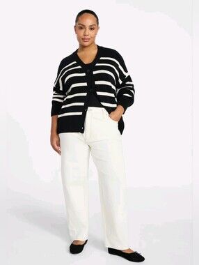 NWT Terra & Sky Boyfriend Cardigan Black Ivory Stripe 4X (28W-30W)